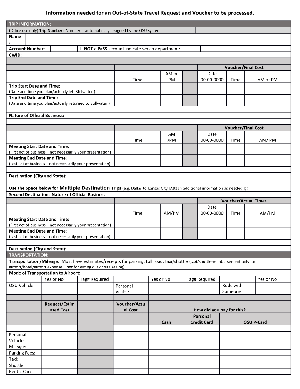 Information Needed for an Out-Of-State Travel Request and Voucher to Be Processed