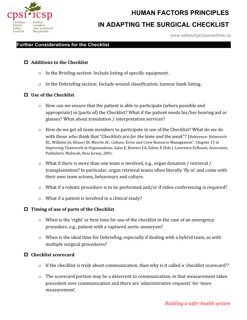 Human Factors Principles for Adapting the Checklist