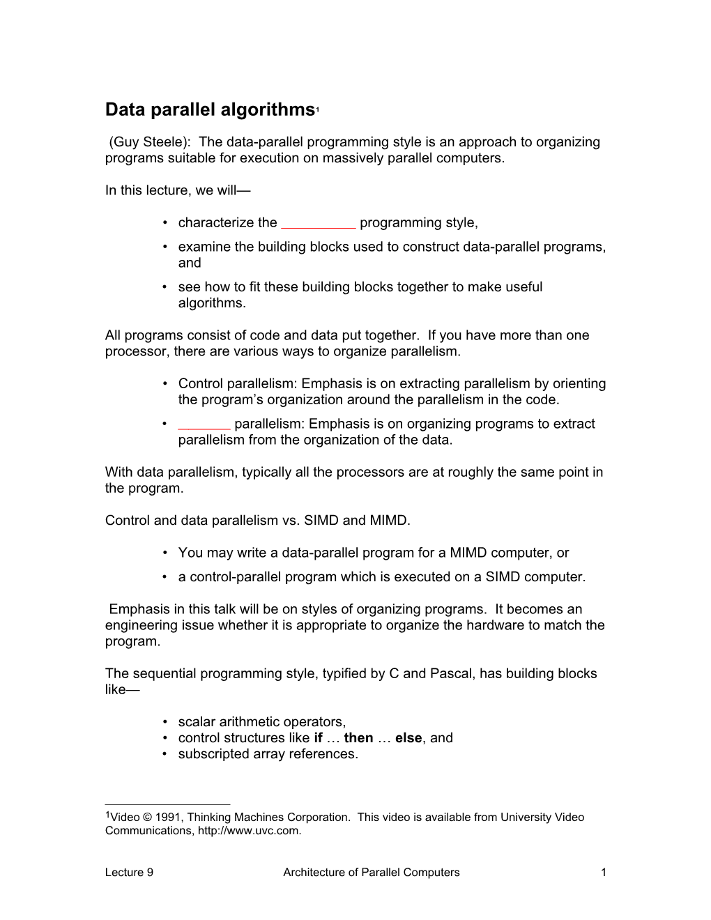 Data Parallel Algorithms 1