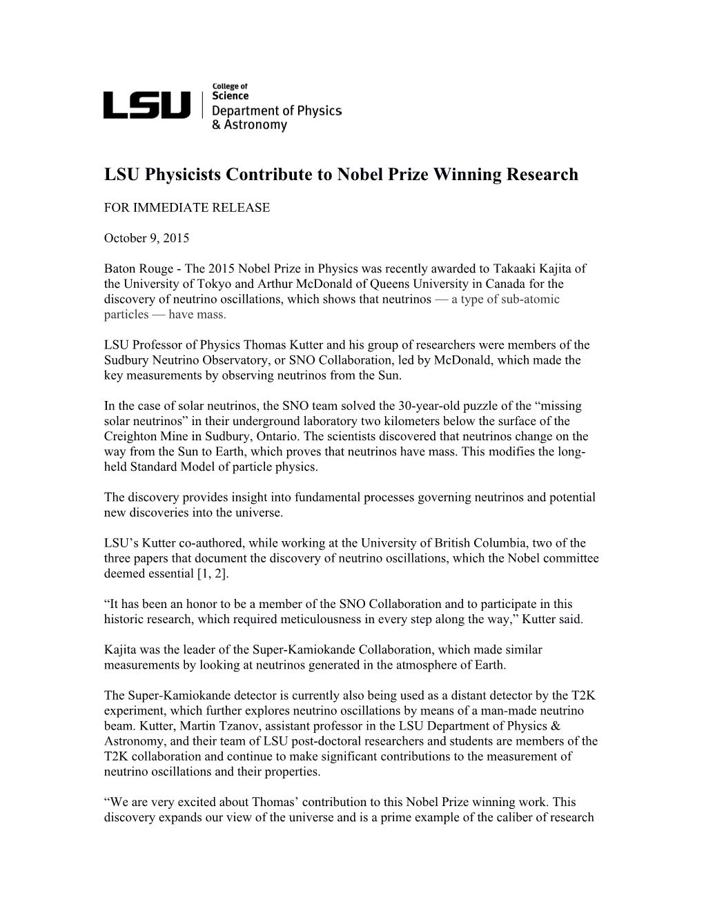 LSU Physicists Contribute to Nobel Prize Winning Research