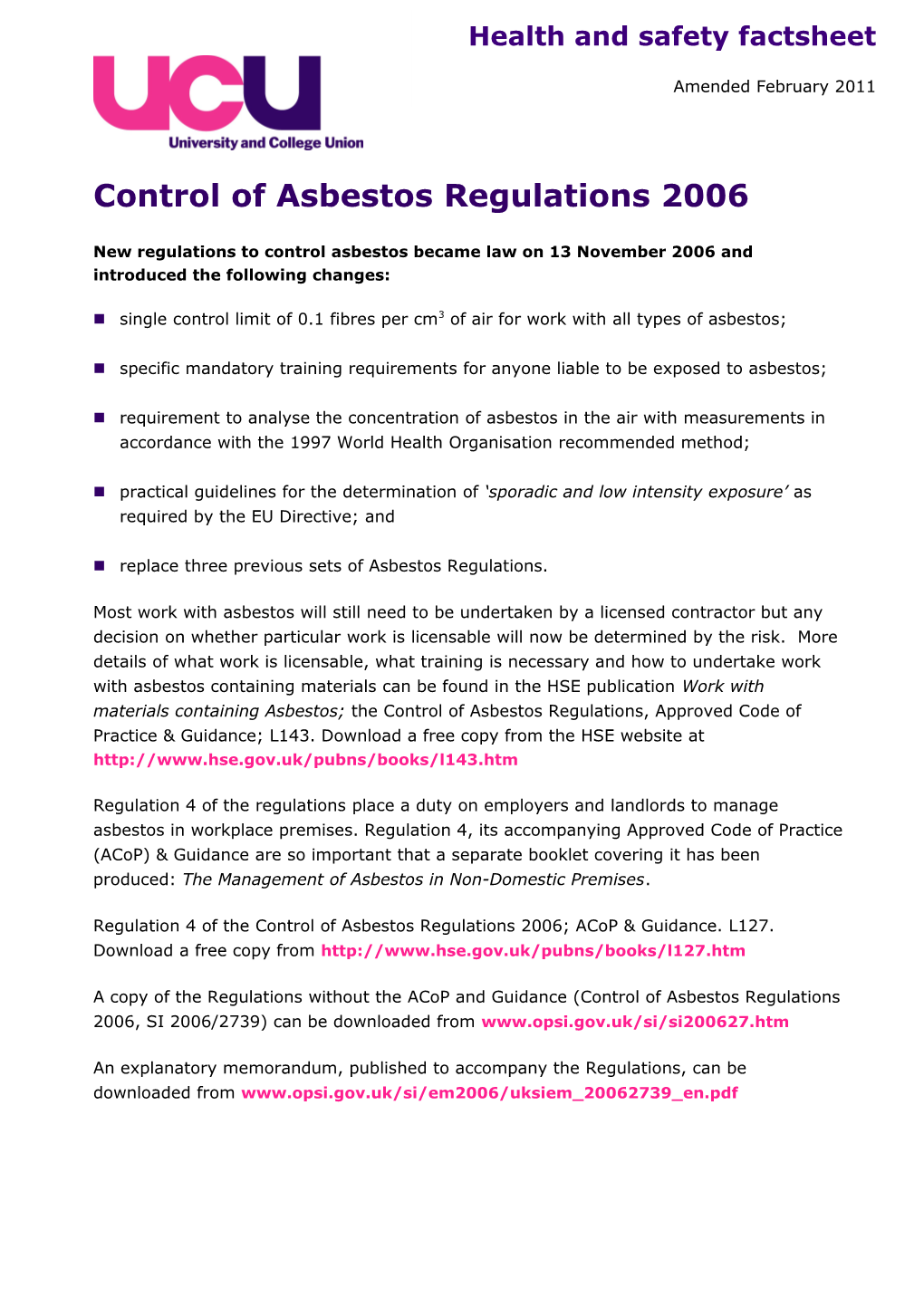 Control of Asbestos Regulations 2006