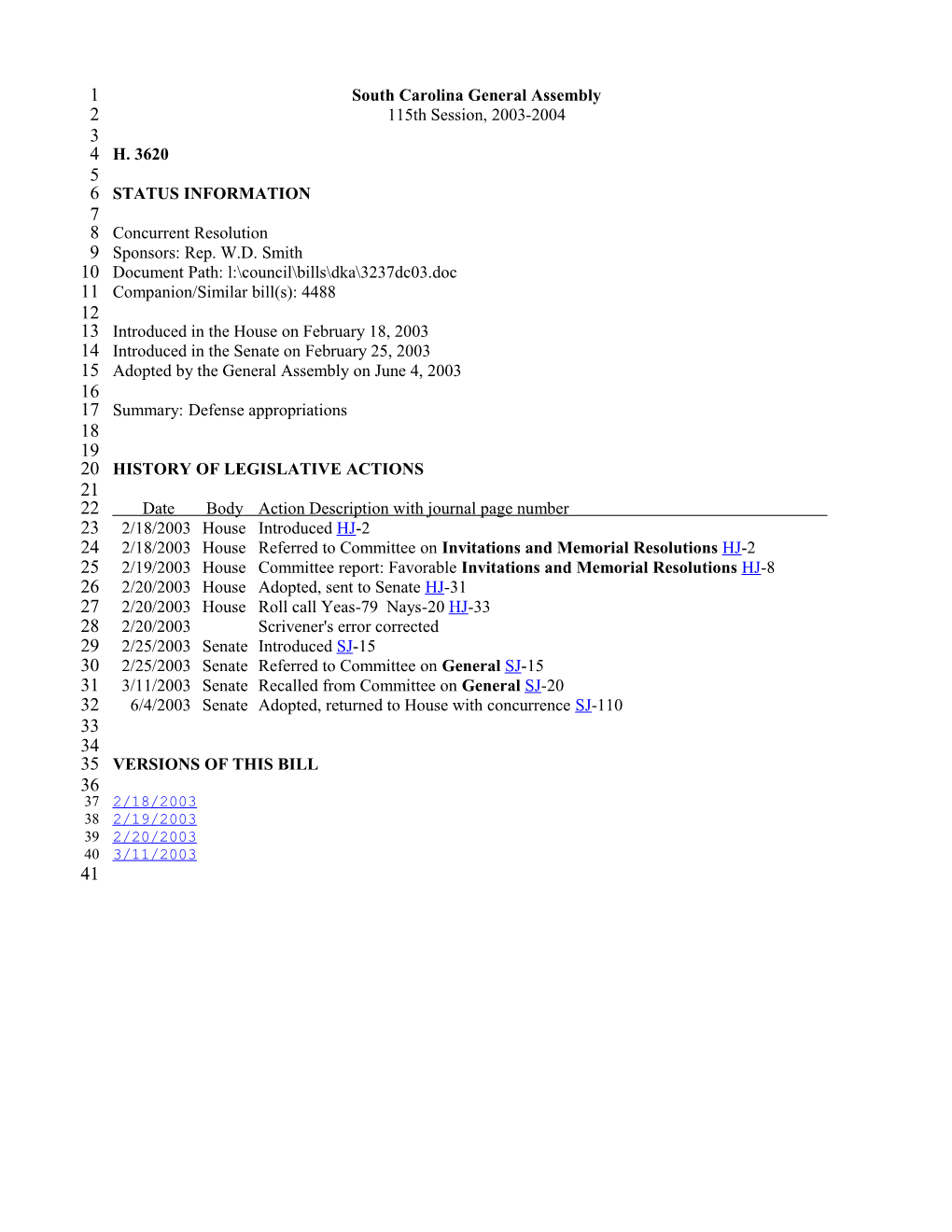 2003-2004 Bill 3620: Defense Appropriations - South Carolina Legislature Online