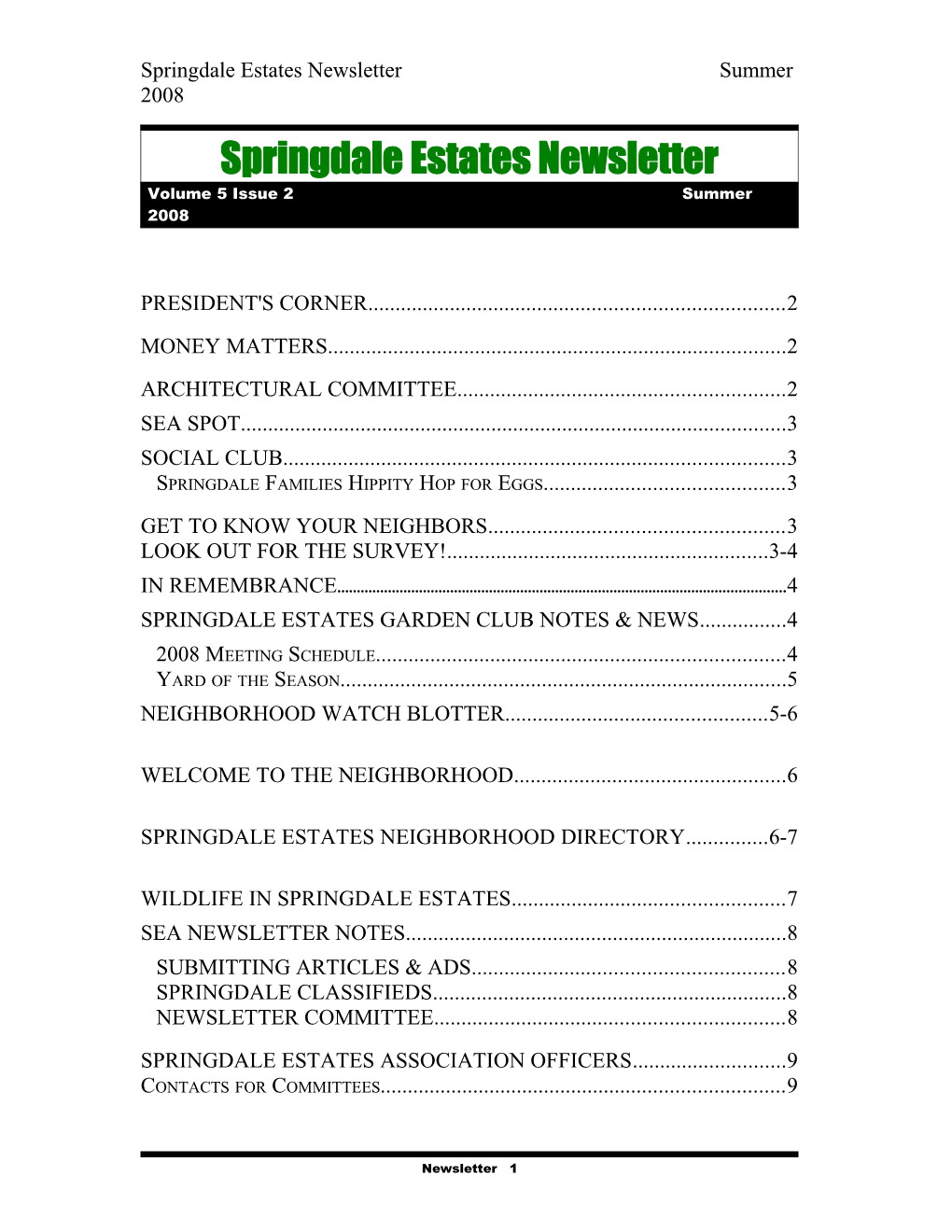 Springdale Estates Newsletter