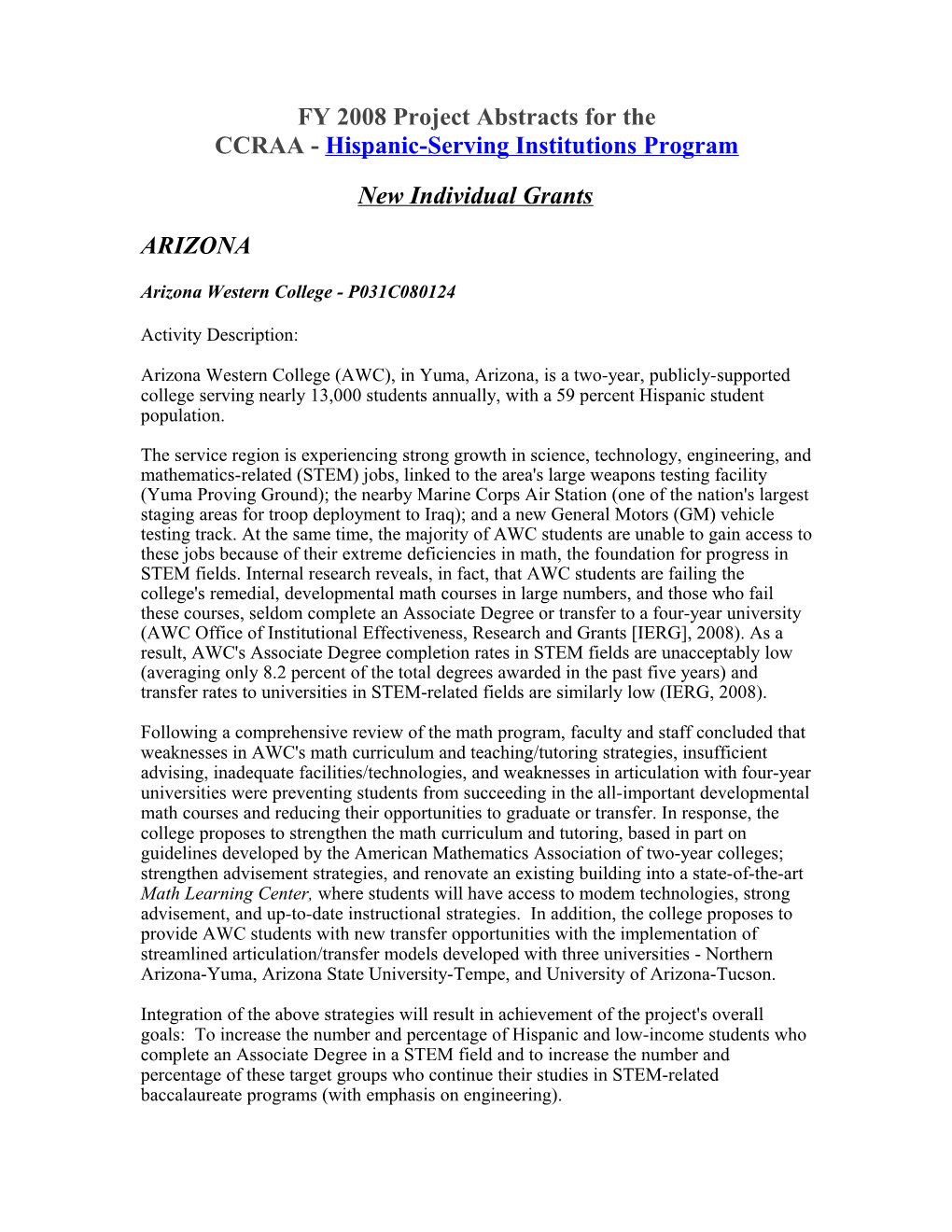 FY 2008 Project Abstracts for the CCRAA Hispanic-Serving Institutions Program (MS Word)
