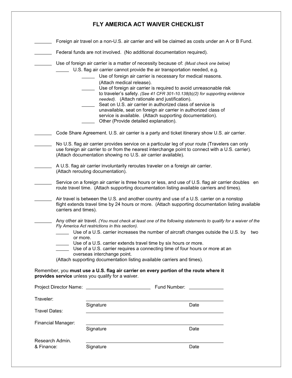 Fly America Act Waiver Checklist