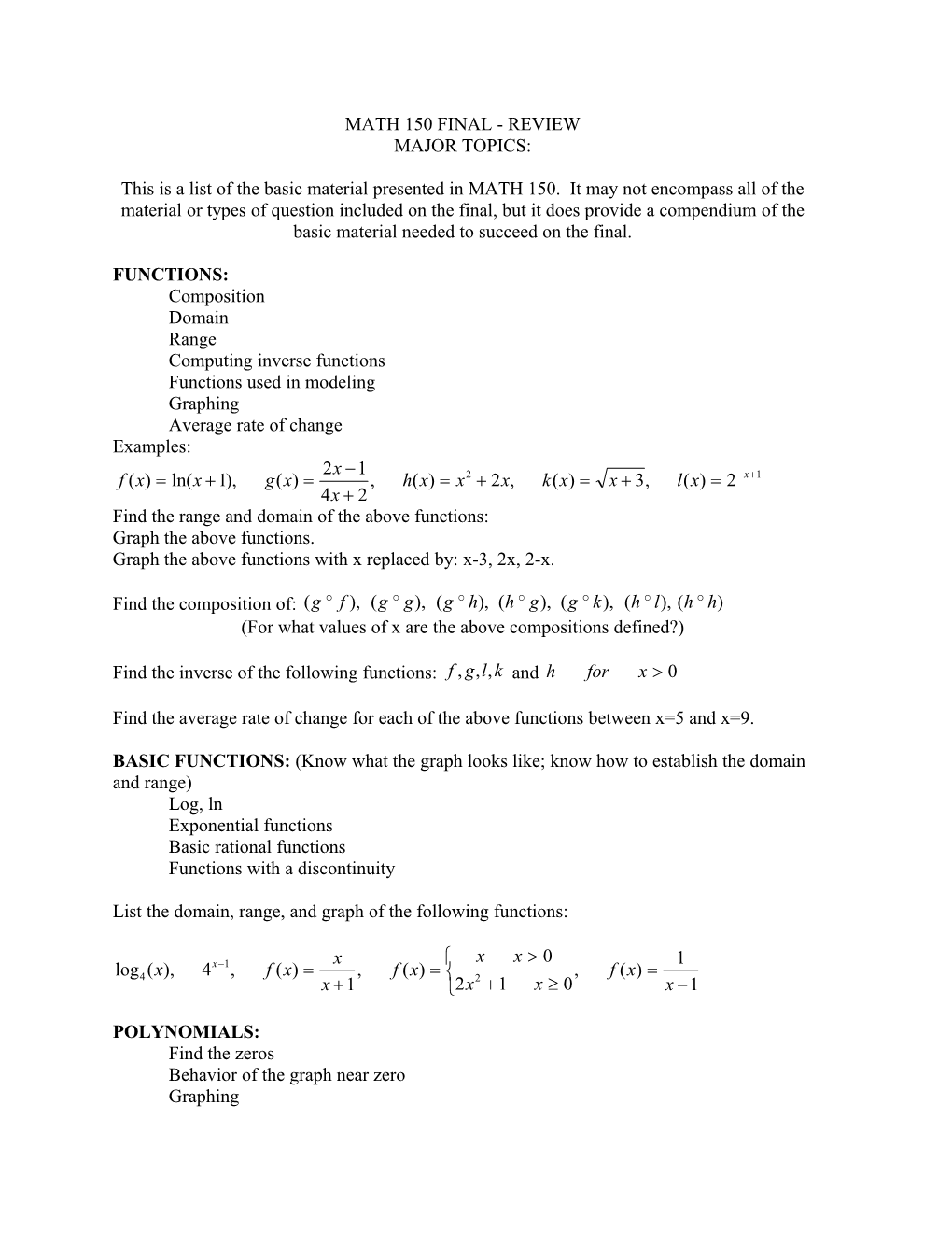 Math 150 Final - Review