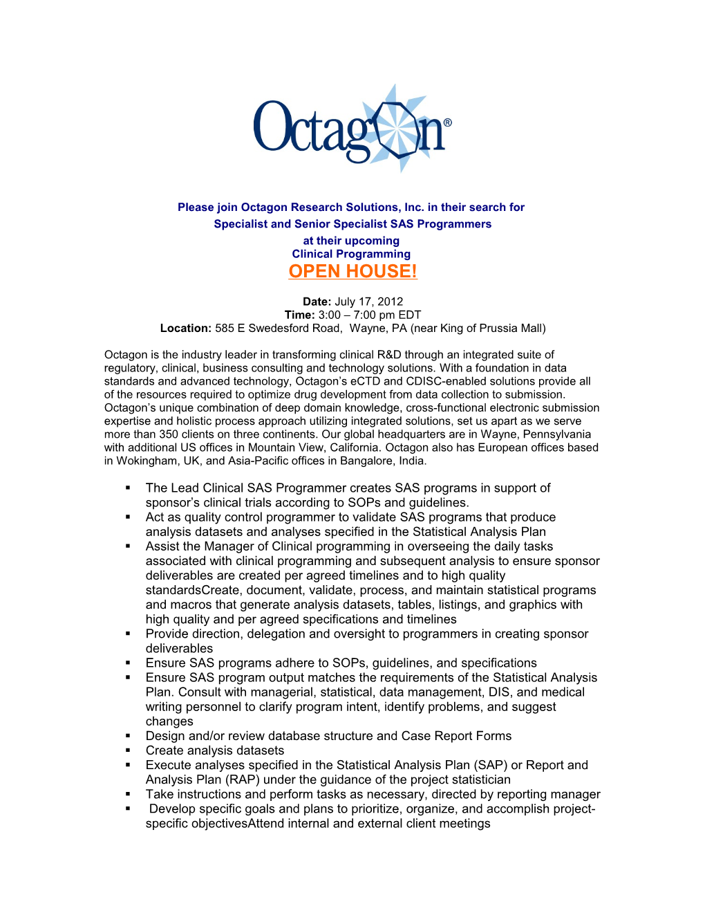 Please Join Octagon Research Solutions, Inc
