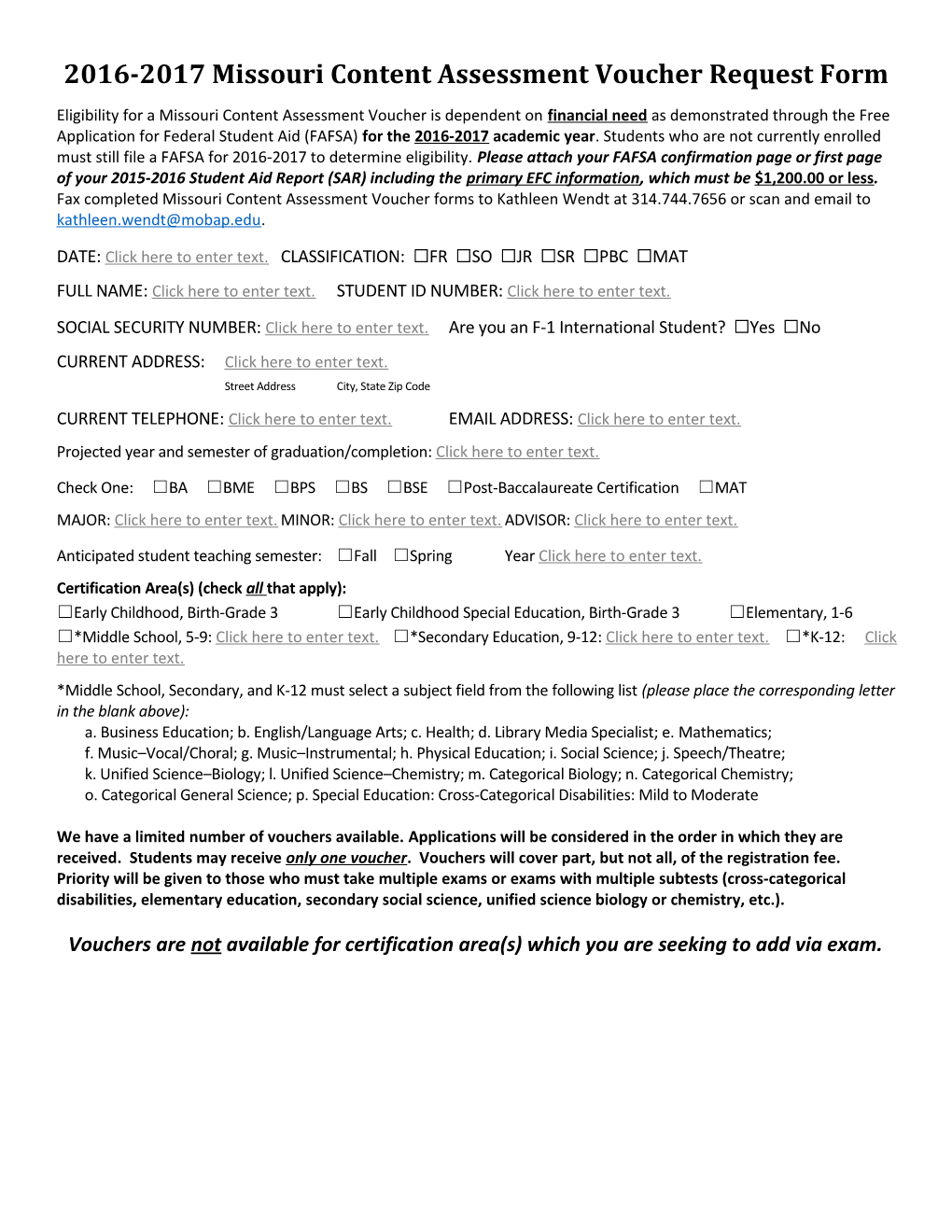 2016-2017 Missouri Content Assessment Voucher Request Form