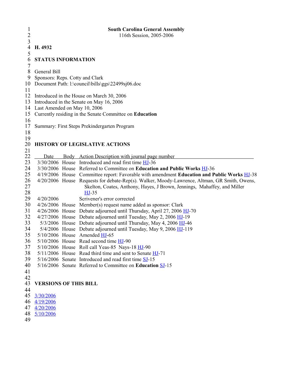 2005-2006 Bill 4932: First Steps Prekindergarten Program - South Carolina Legislature Online