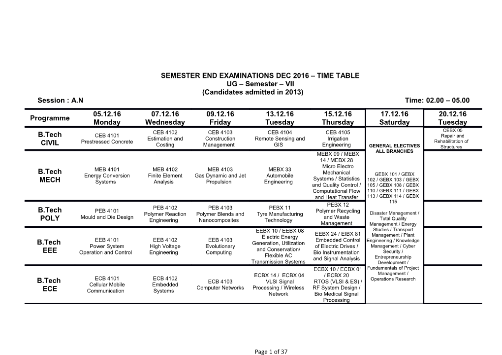 Semester Endexaminationsdec 2016 Time Table