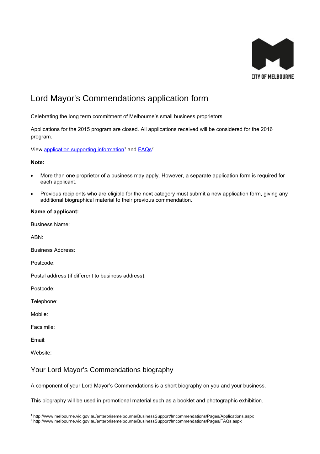 Lord Mayor's Commendations Application Form
