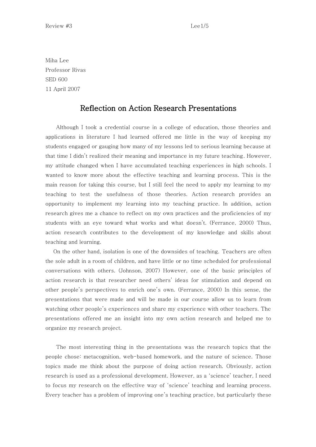 Reflection on Action Research Presentations