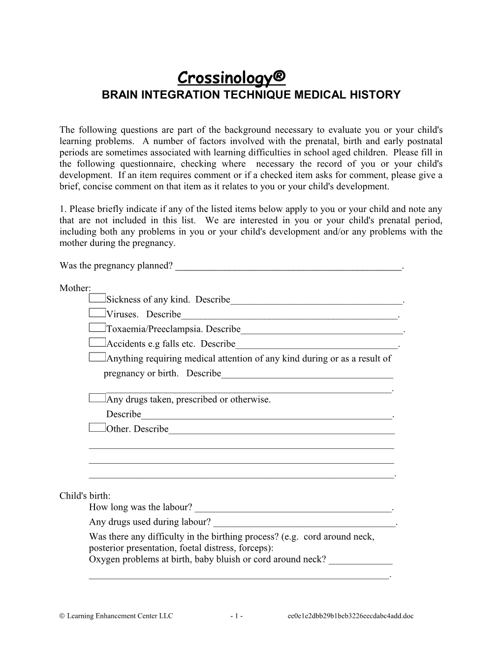 Medical History Form for Crossinology BIT