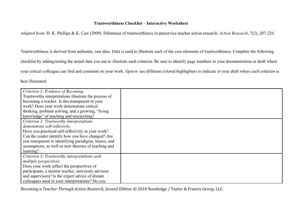 Trustworthiness Checklist Interactive Worksheet