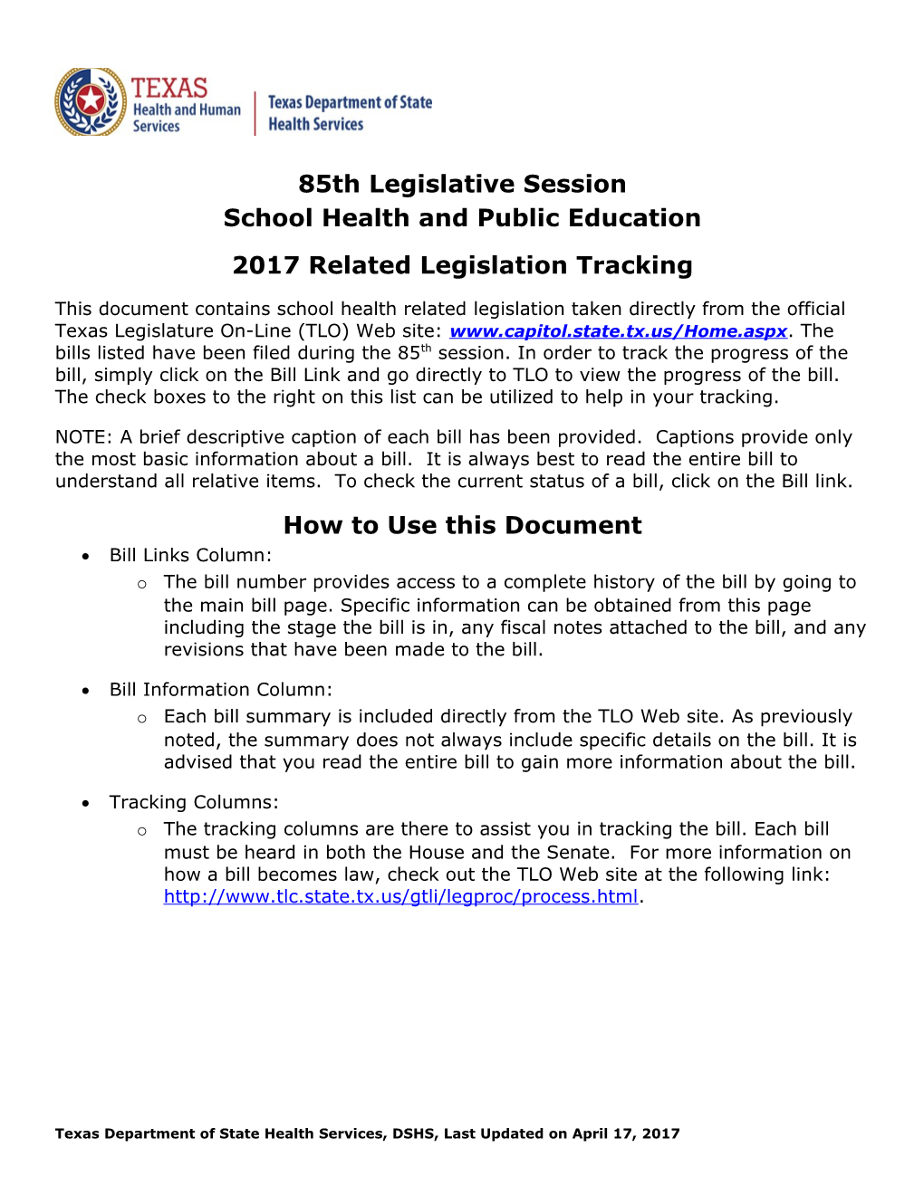 85Th Texas Legislative Session School Health Related Bills