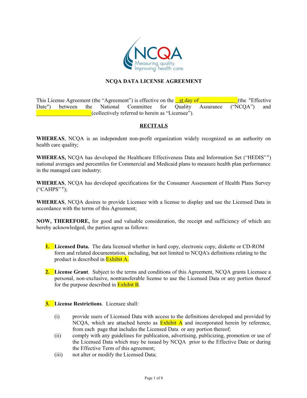 Ncqa Data License Agreement