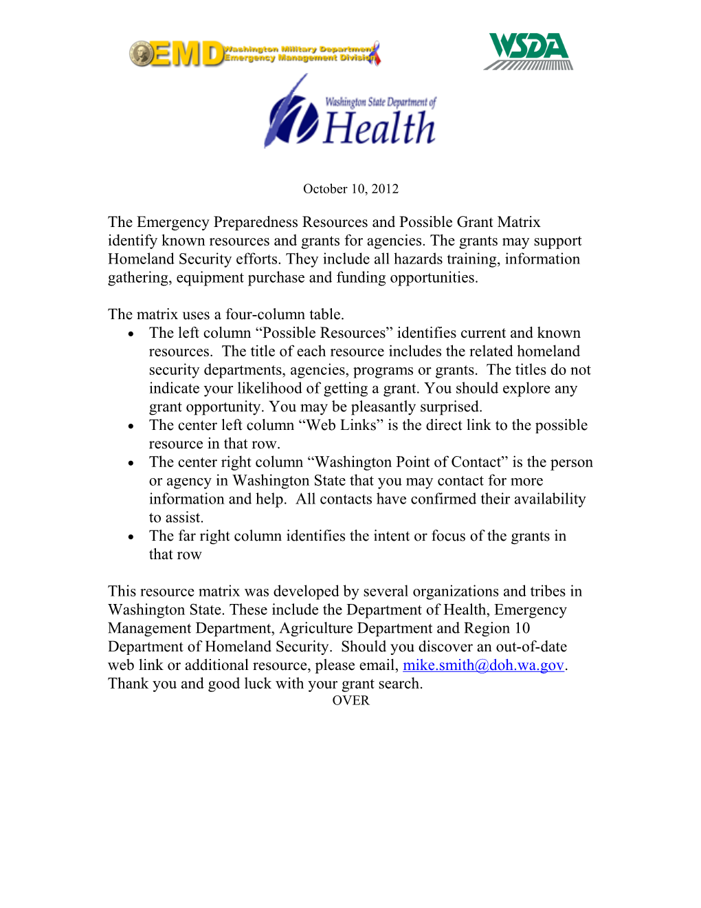 Communications and First Responder Equipment Grant Response Matrix