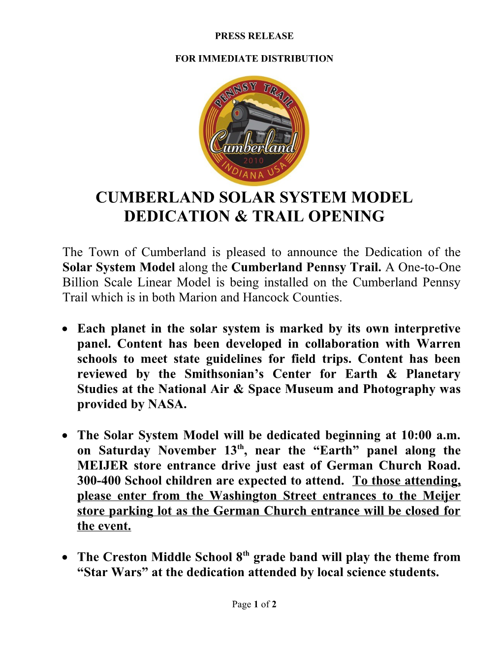 Cumberland Solar System Model Dedication & Trail Opening
