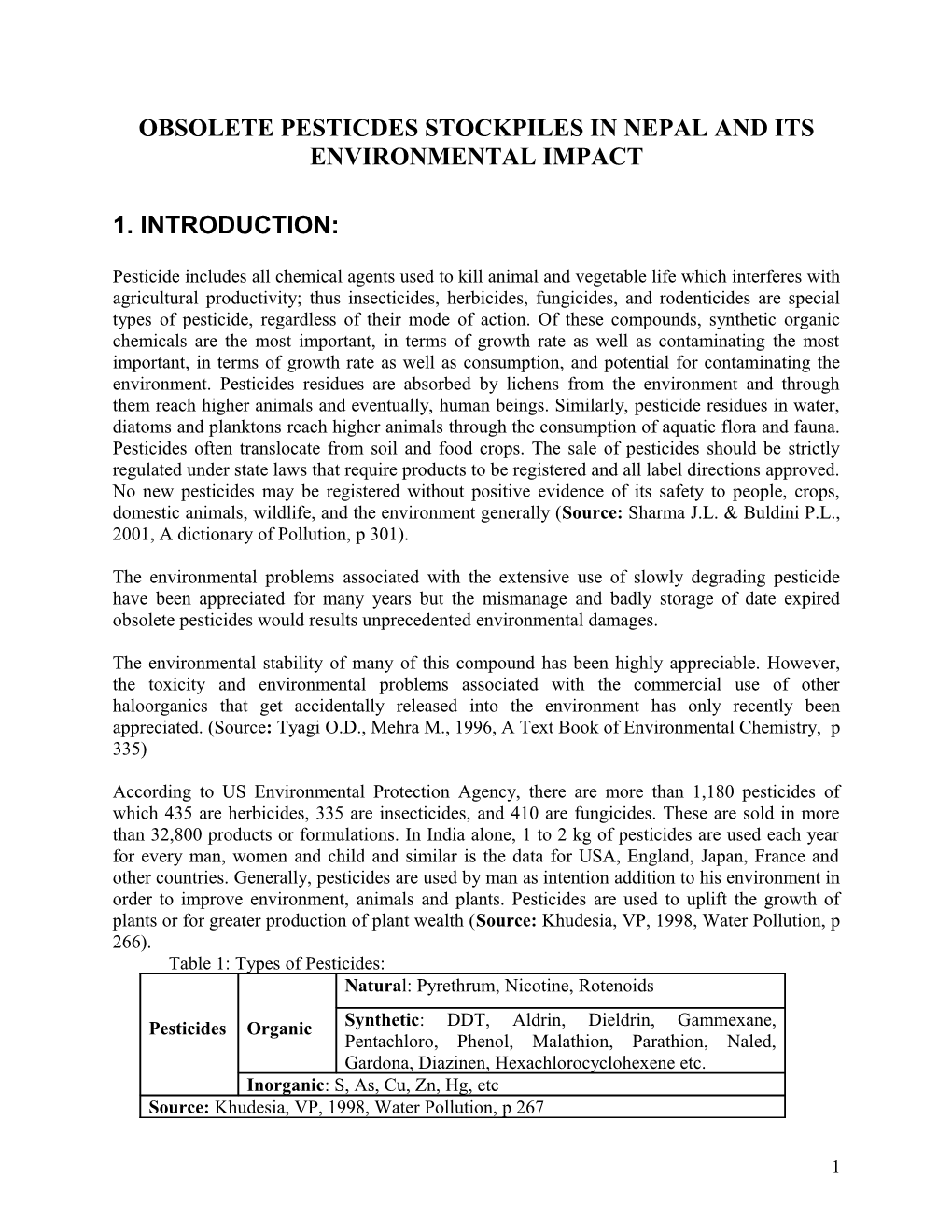 Obsolete Pesticdes Stockpiles in Nepal and Its Environmental Impact