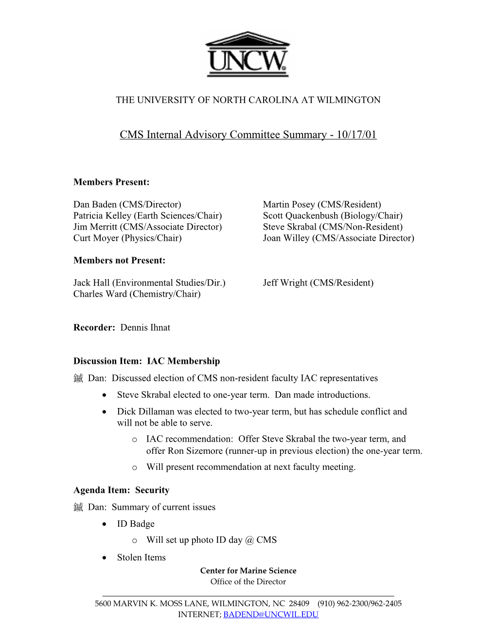 CMS Internal Advisory Committee Summary - 10/17/01 - Page 1