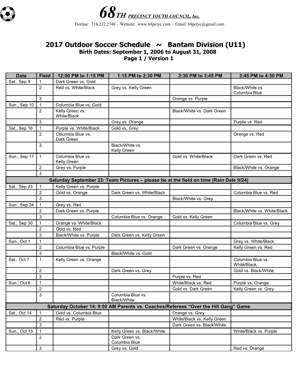 2017Outdoor Soccerschedule Bantamdivision (U11)