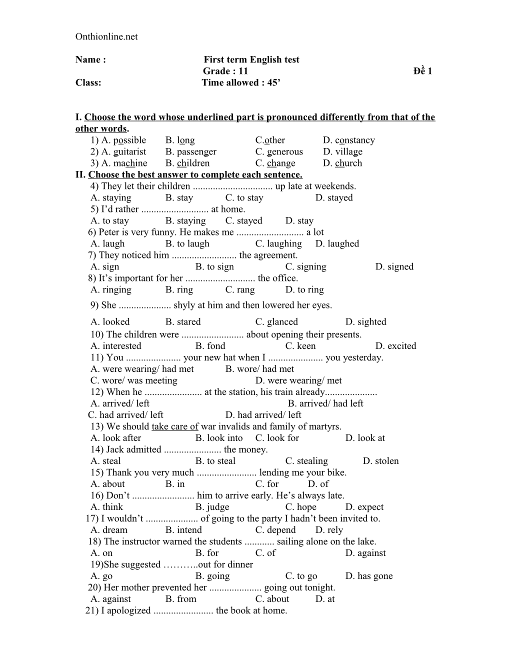 Name : First Term English Test