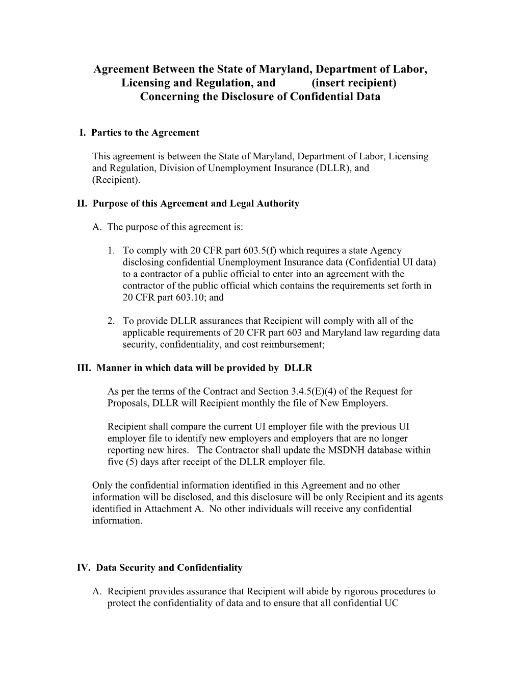 Agreement Between the State of Maryland, Department of Labor, Licensing and Regulation, ______