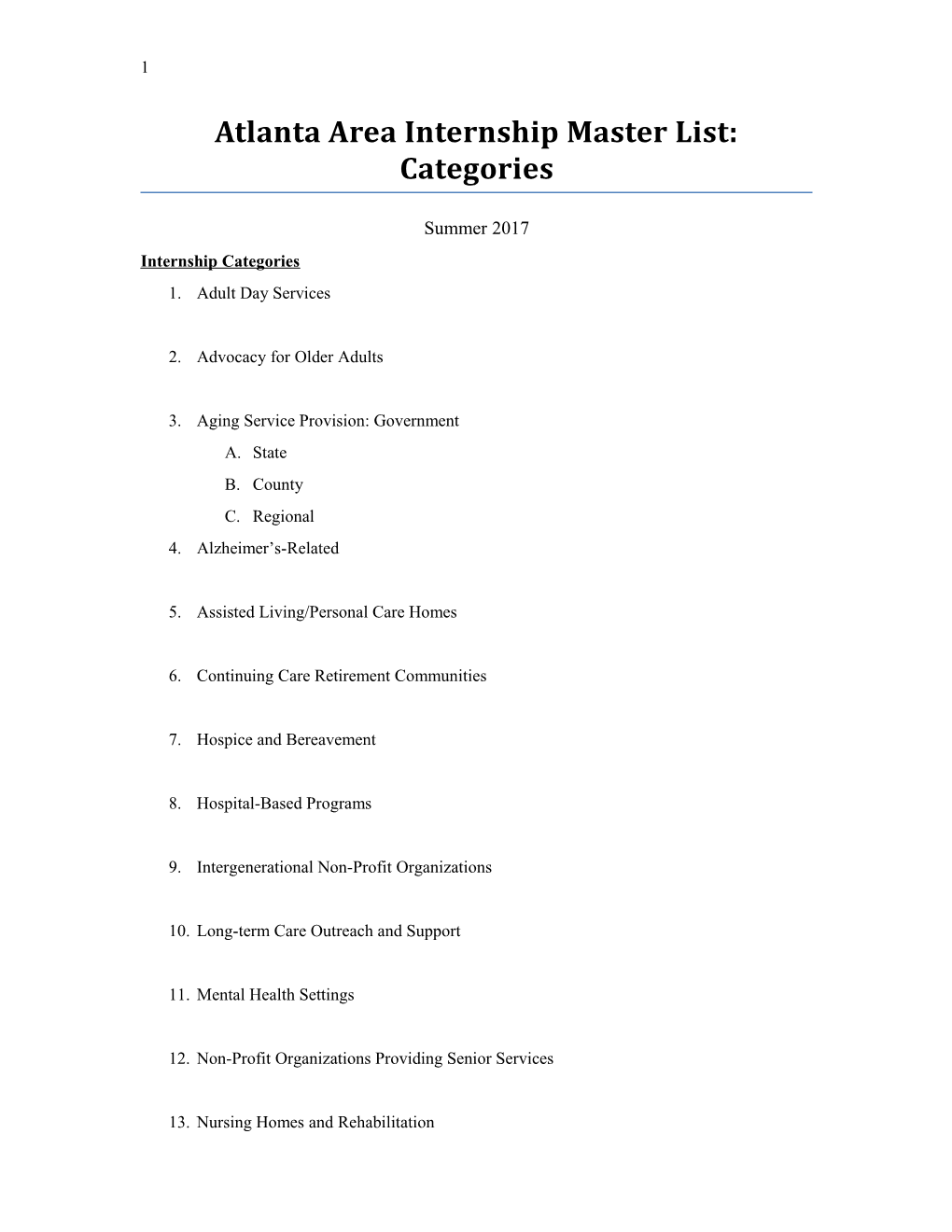 Atlanta Area Internship Master List: Categories