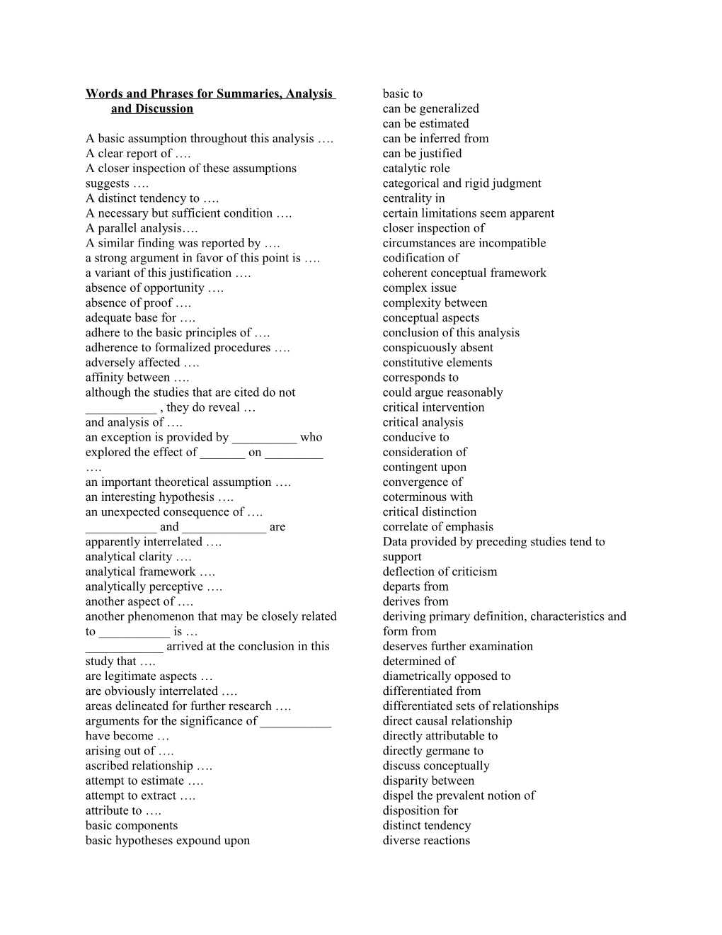 Words and Phrases for Summaries, Analysis and Discussion