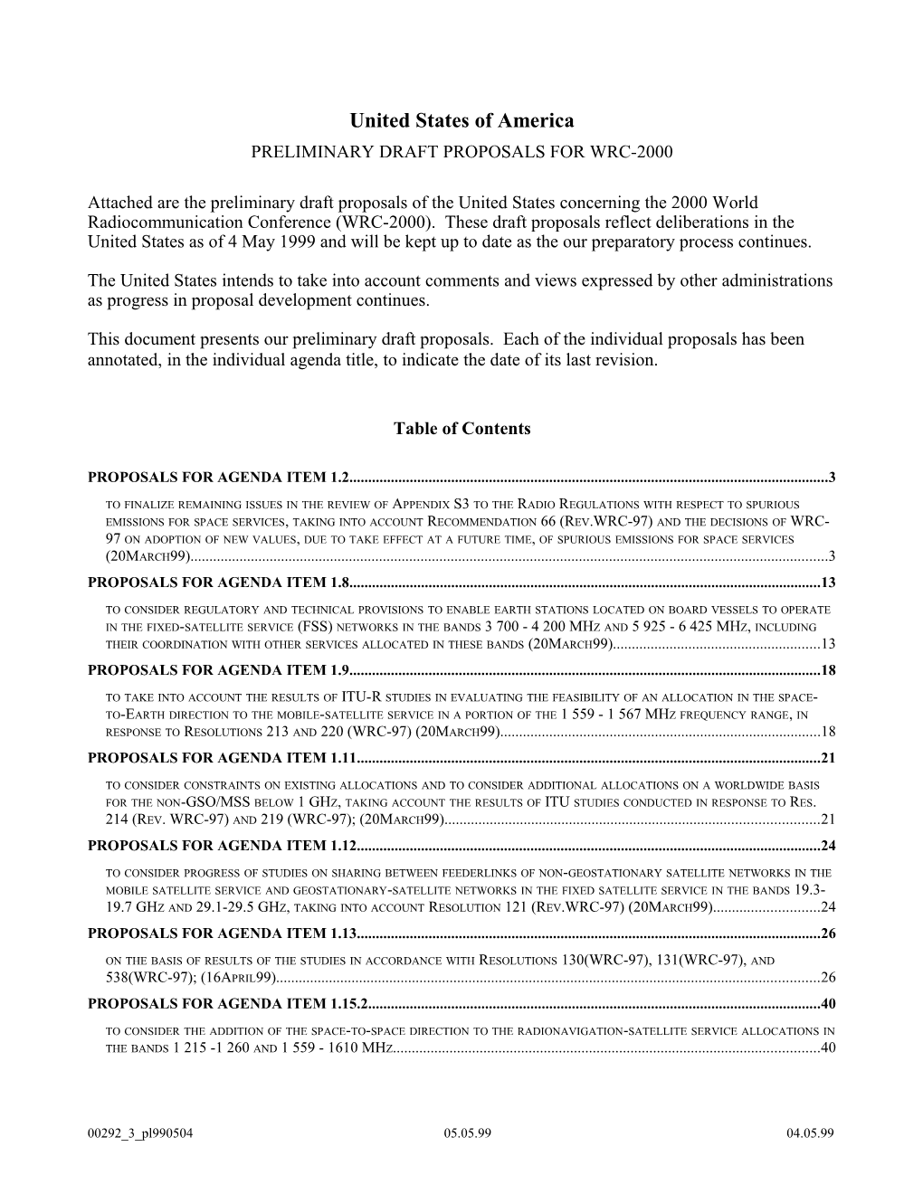 Draft Proposals, United States of America