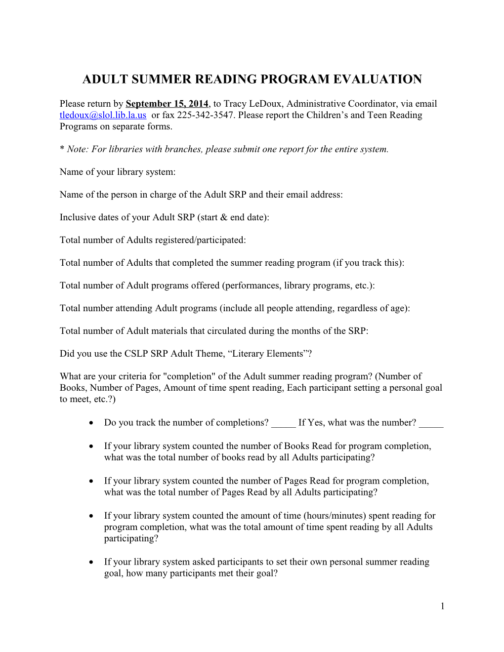 Adult Summer Reading Program Evaluation