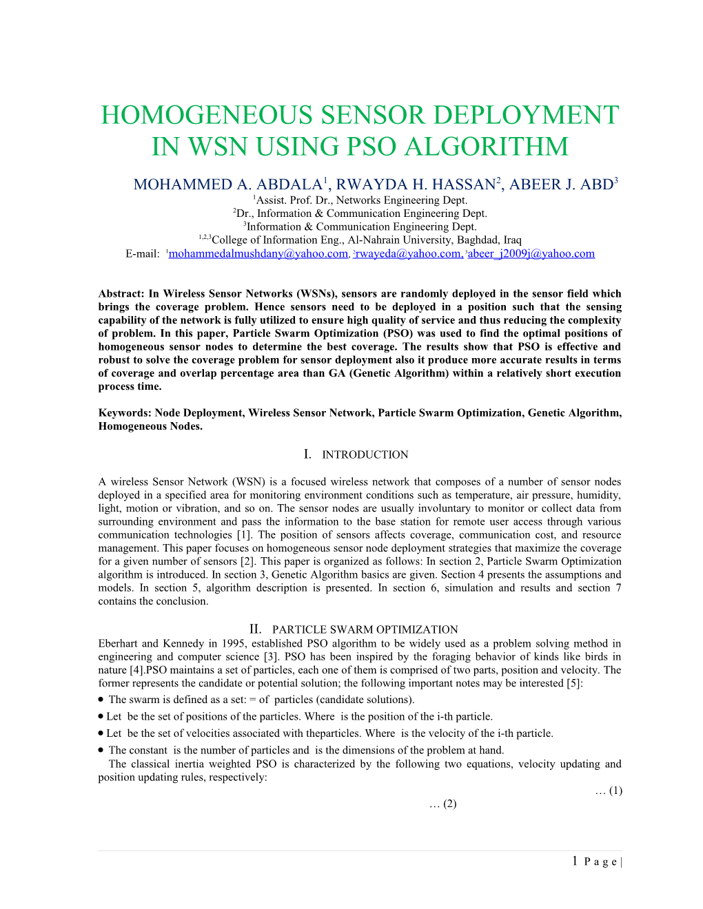 Homogeneous Sensor Deployment in Wsn Using Pso Algorithm