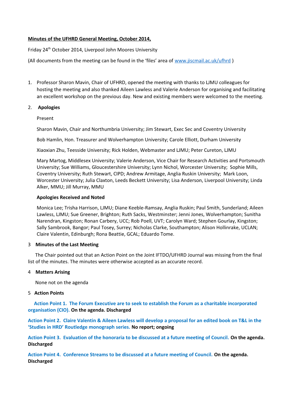 Minutes of the UFHRD General Meeting, October 2014