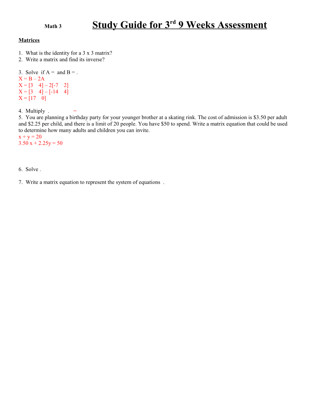 Math 3 Study Guide for 3Rd 9 Weeks Assessment