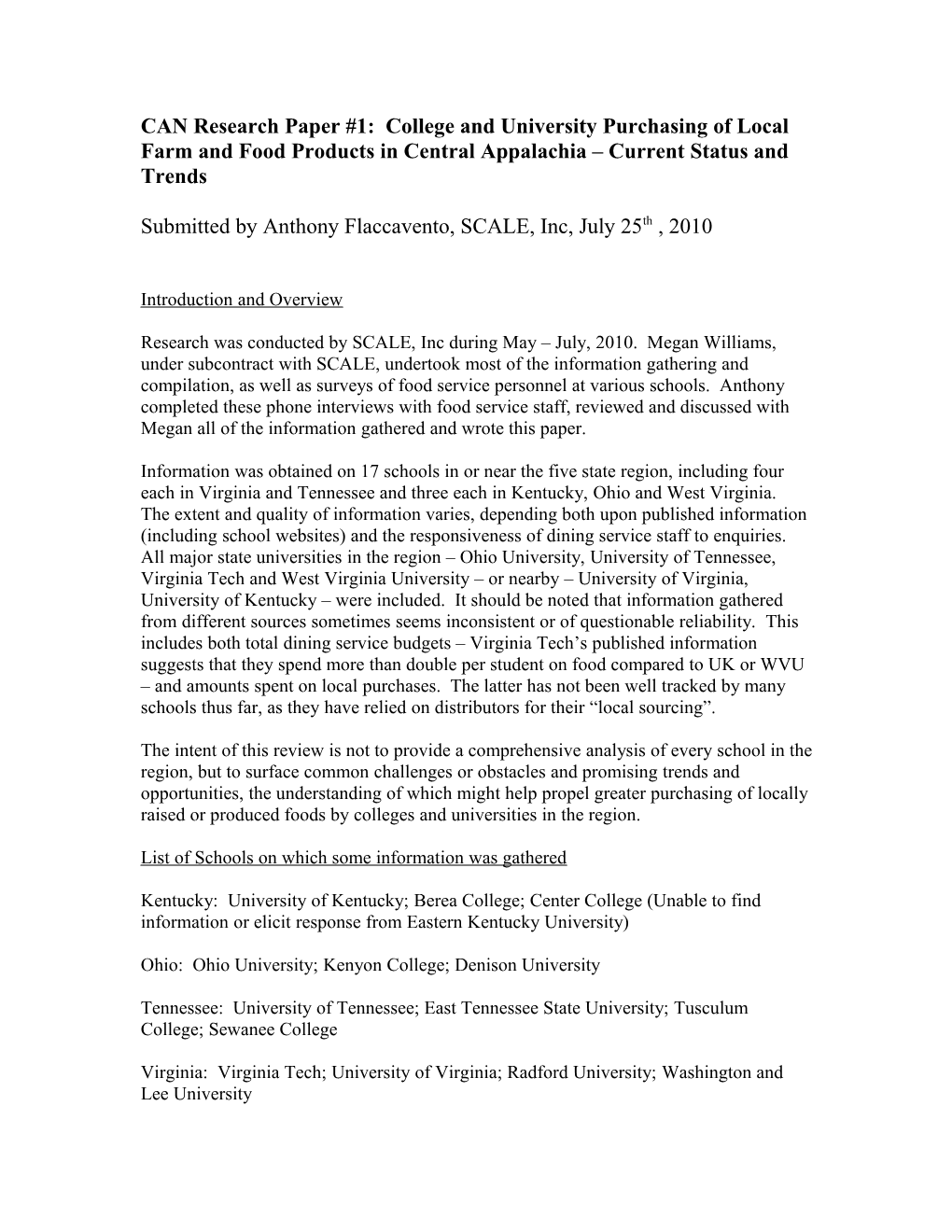 CAN Research Paper #1: College and University Purchasing of Local Farm and Food Products