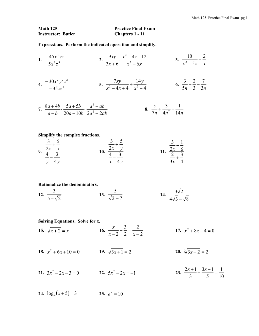 Expressions. Perform the Indicated Operation and Simplify