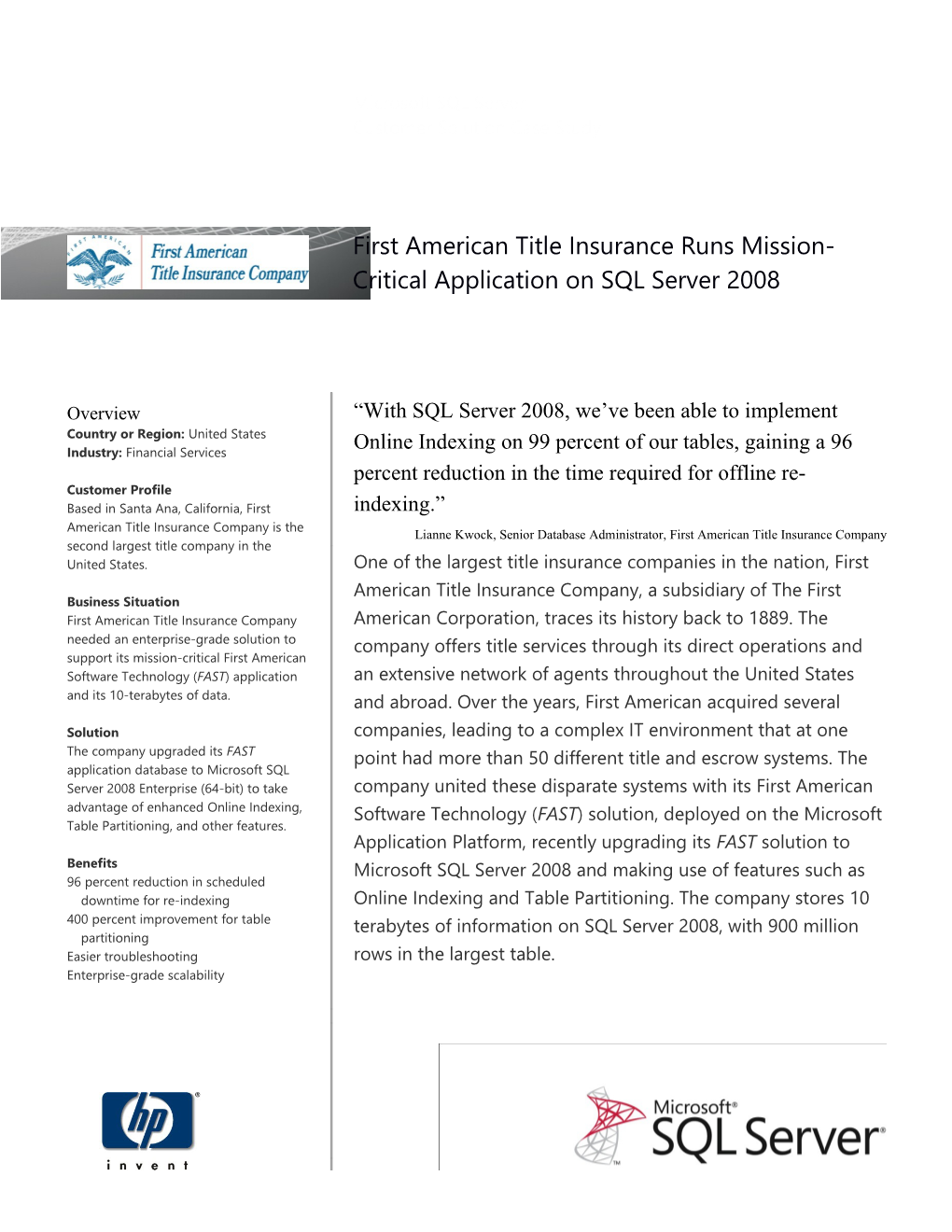 First American Title Insurance Runs Mission Critical Application on SQL Server 2008