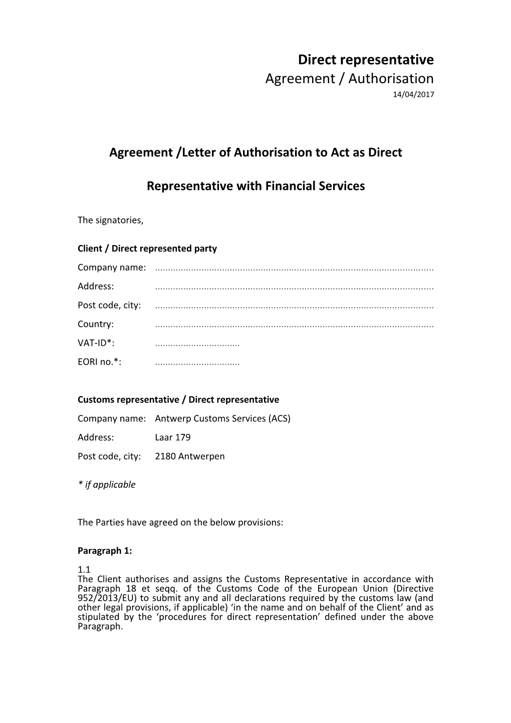 Agreement /Letter of Authorisation to Act As Direct Representative with Financial Services