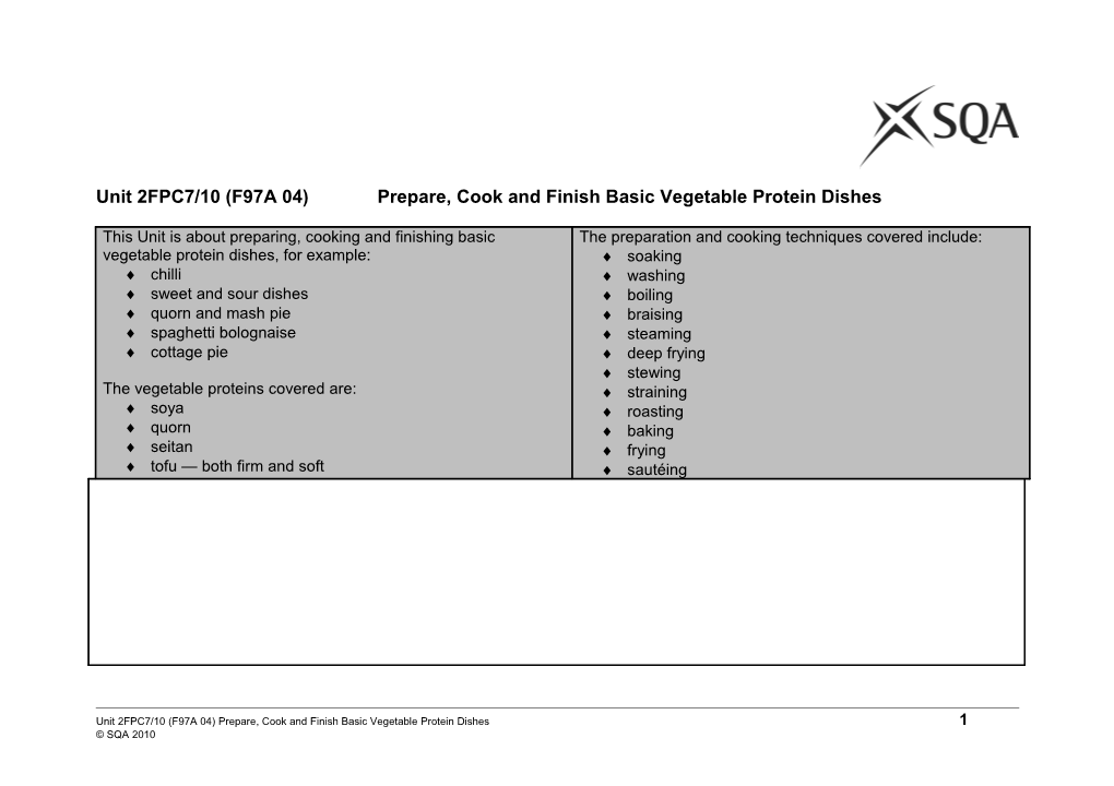 Unit 2FPC7/10 (F97A 04)Prepare, Cook and Finish Basic Vegetable Protein Dishes