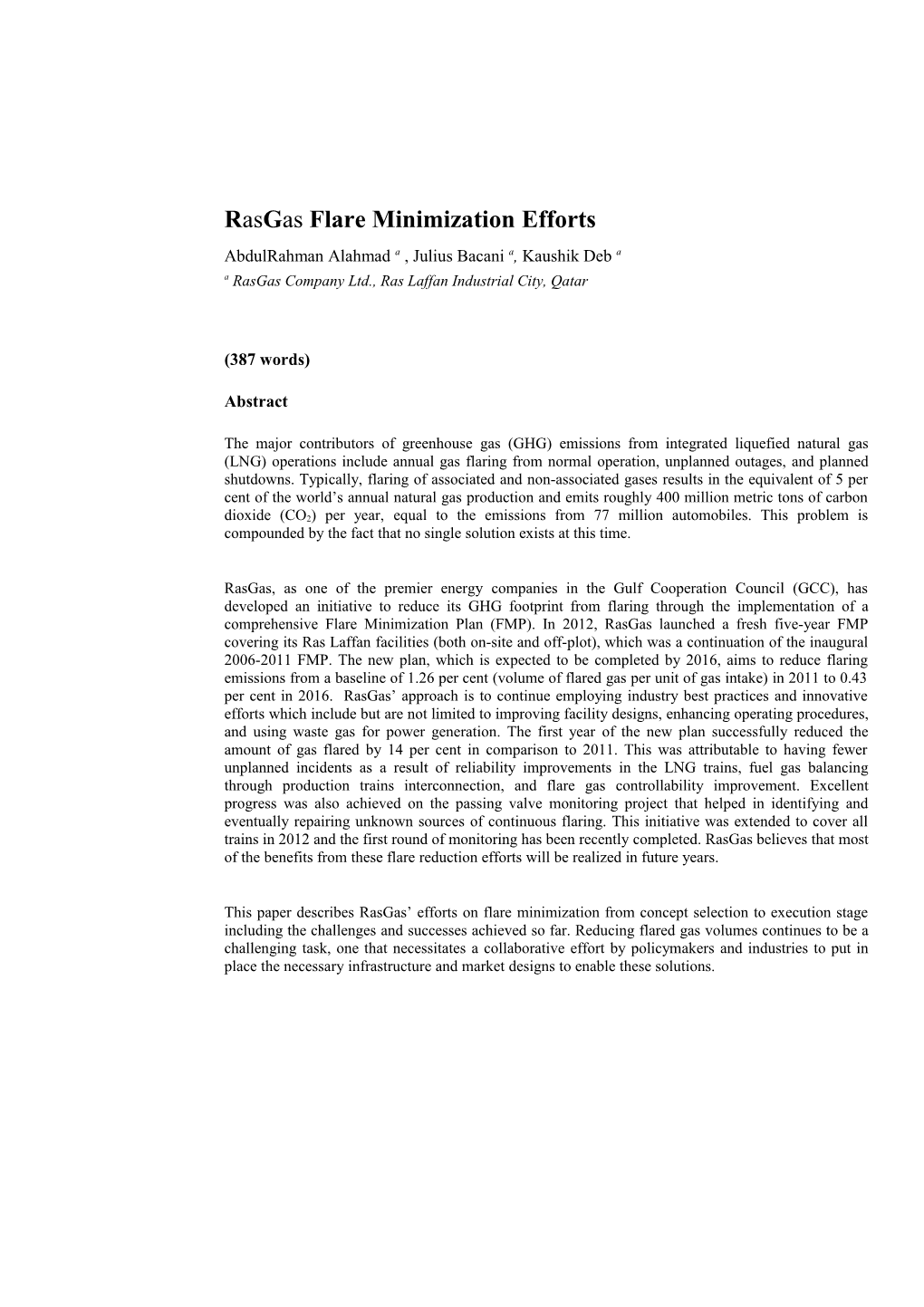 Rasgas Flare Minimization Efforts