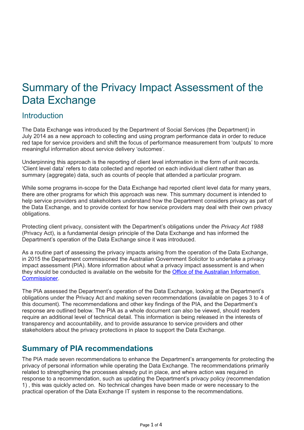 Summary of the Privacy Impact Assessment of the Data Exchange