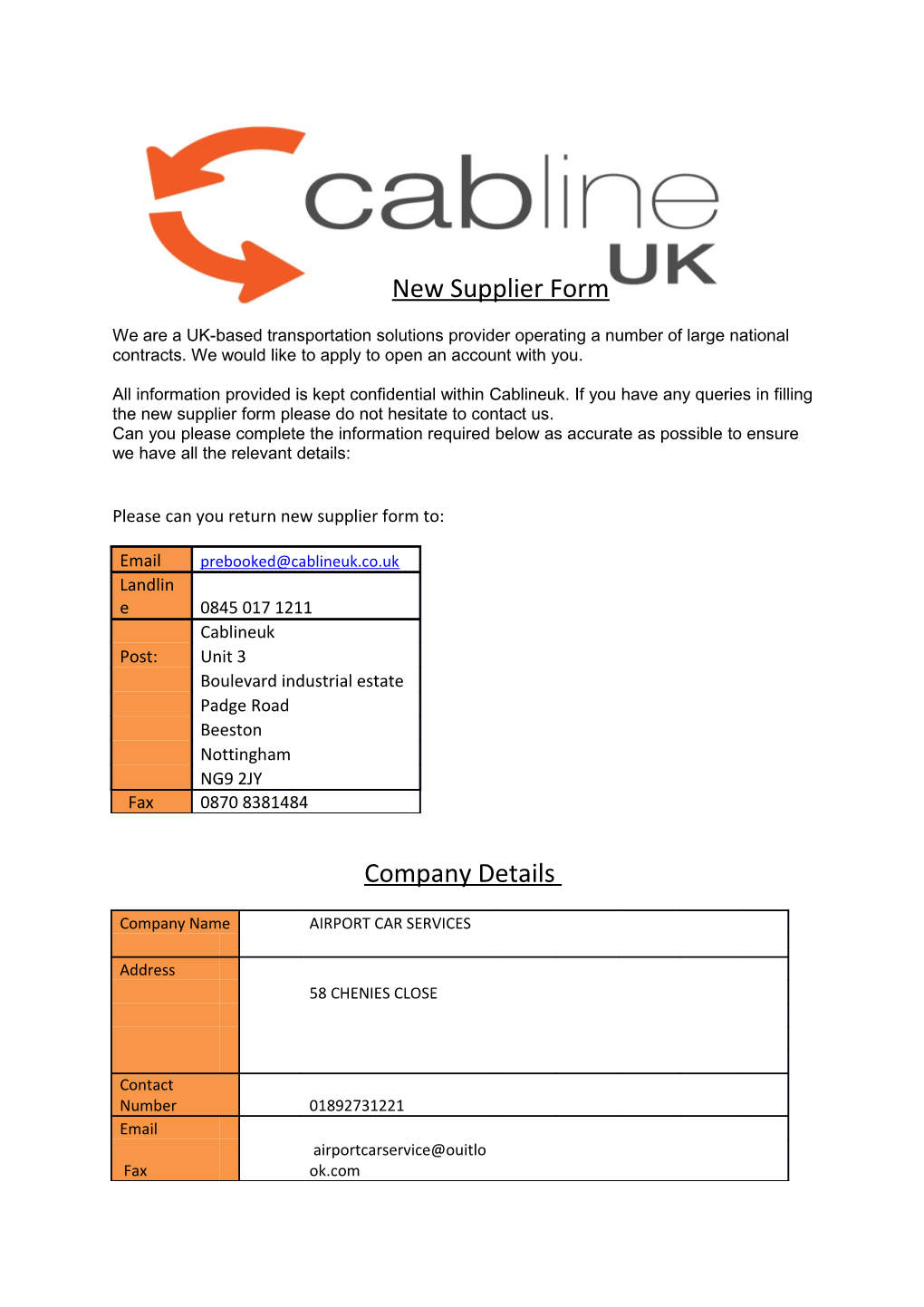 Please Can You Return New Supplier Form To