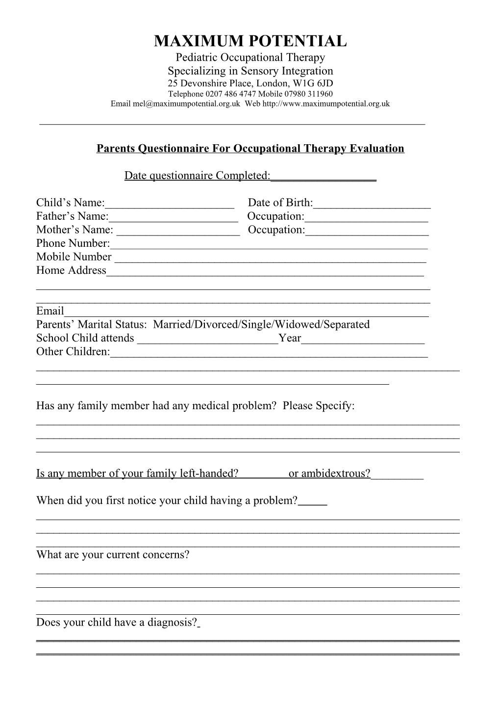 Parents Questionnaire for Occupational Therapy Evaluation