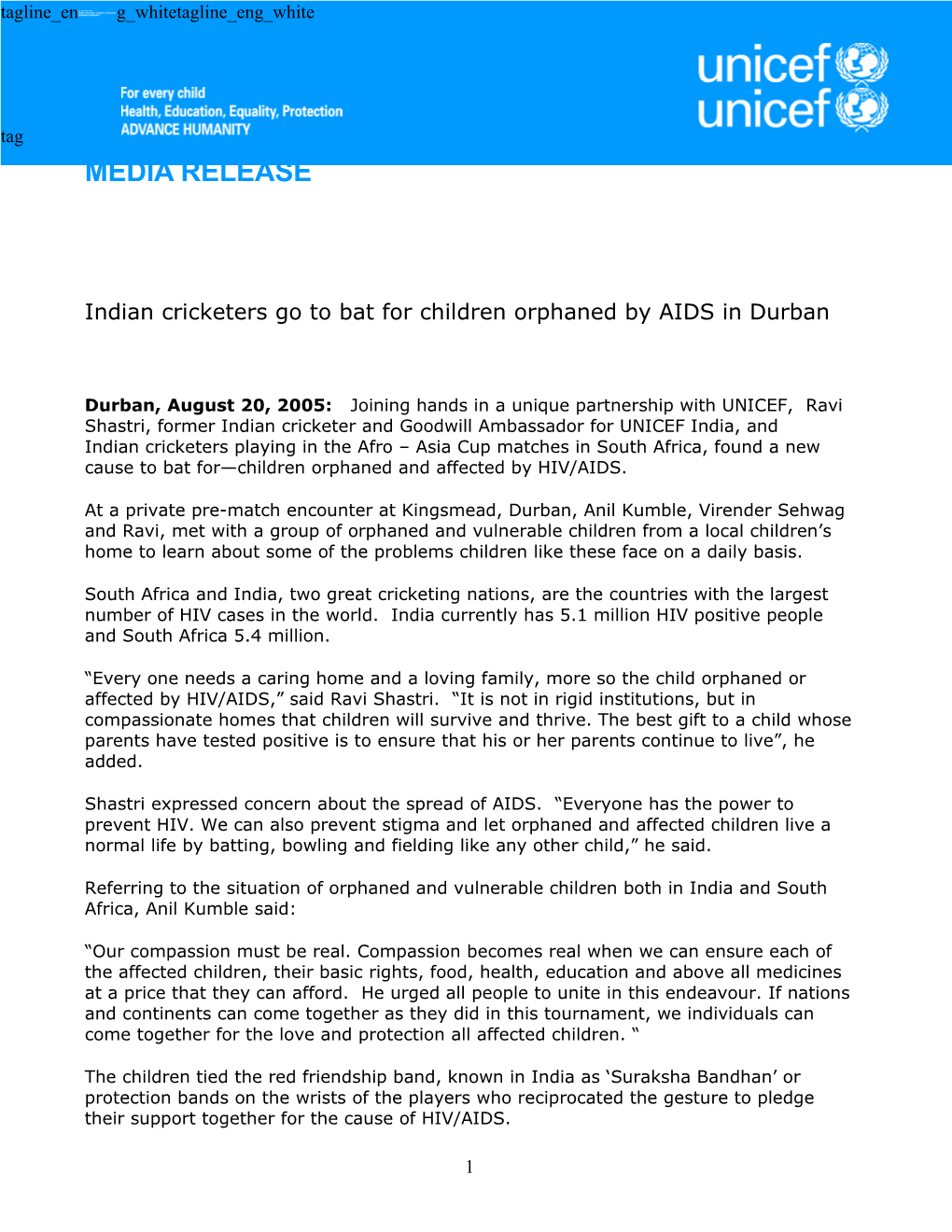 Indian Cricketers Go to Bat for Children Orphaned by AIDS in Durban