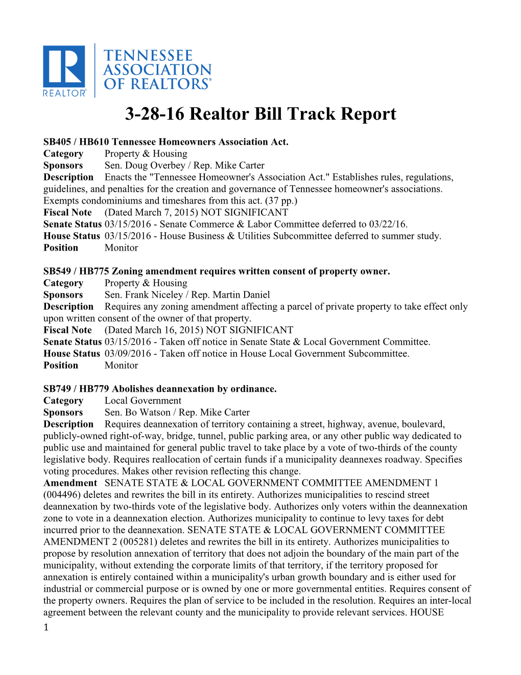 3-28-16 Realtor Bill Track Report