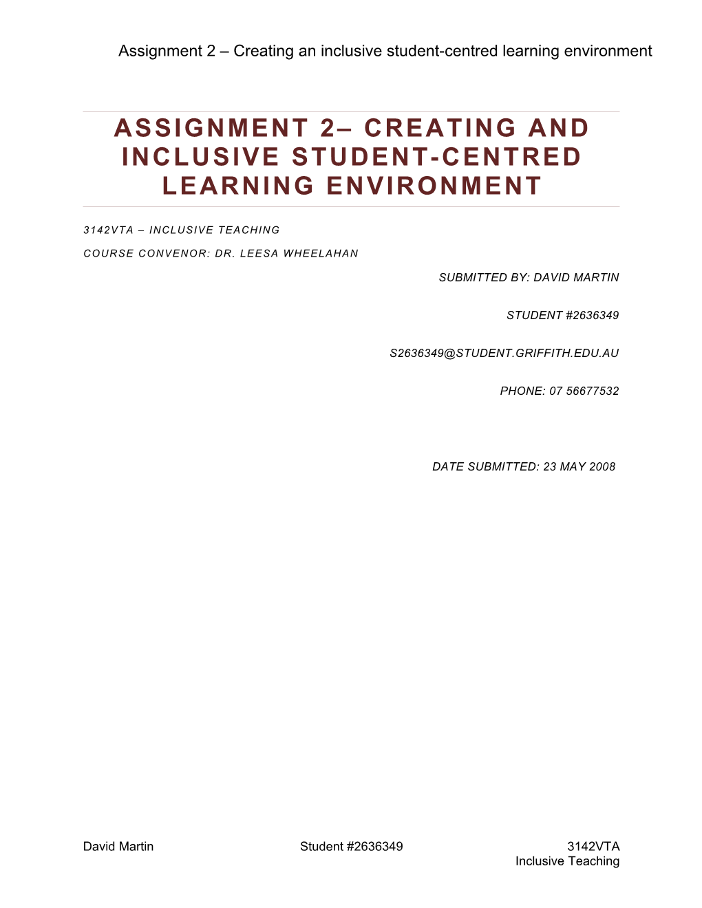 Assignment 2 Creating an Inclusive Student-Centred Learning Environment