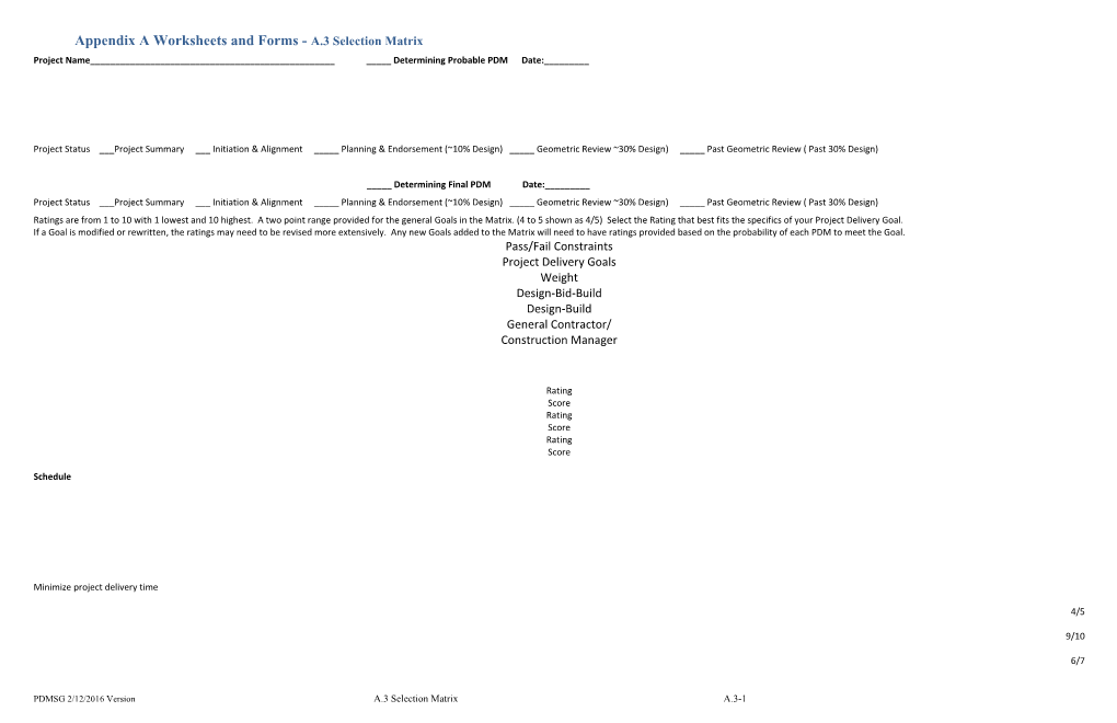 Appendix a Worksheets and Forms - A.3 Selection Matrix