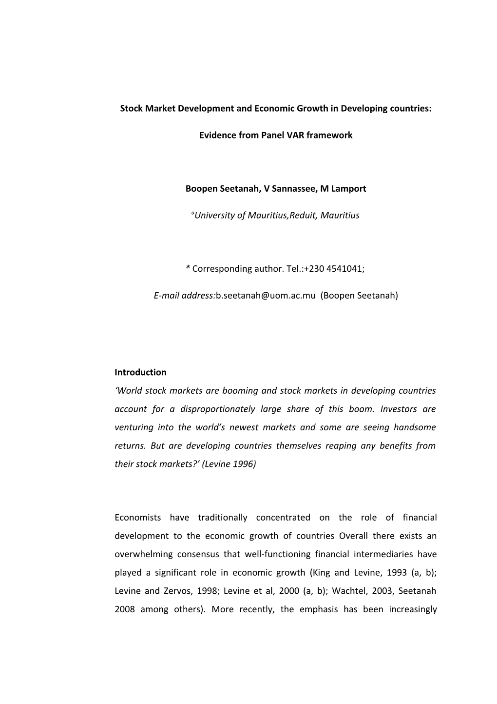 Stock Market Development and Economic Growth in Developing Countries