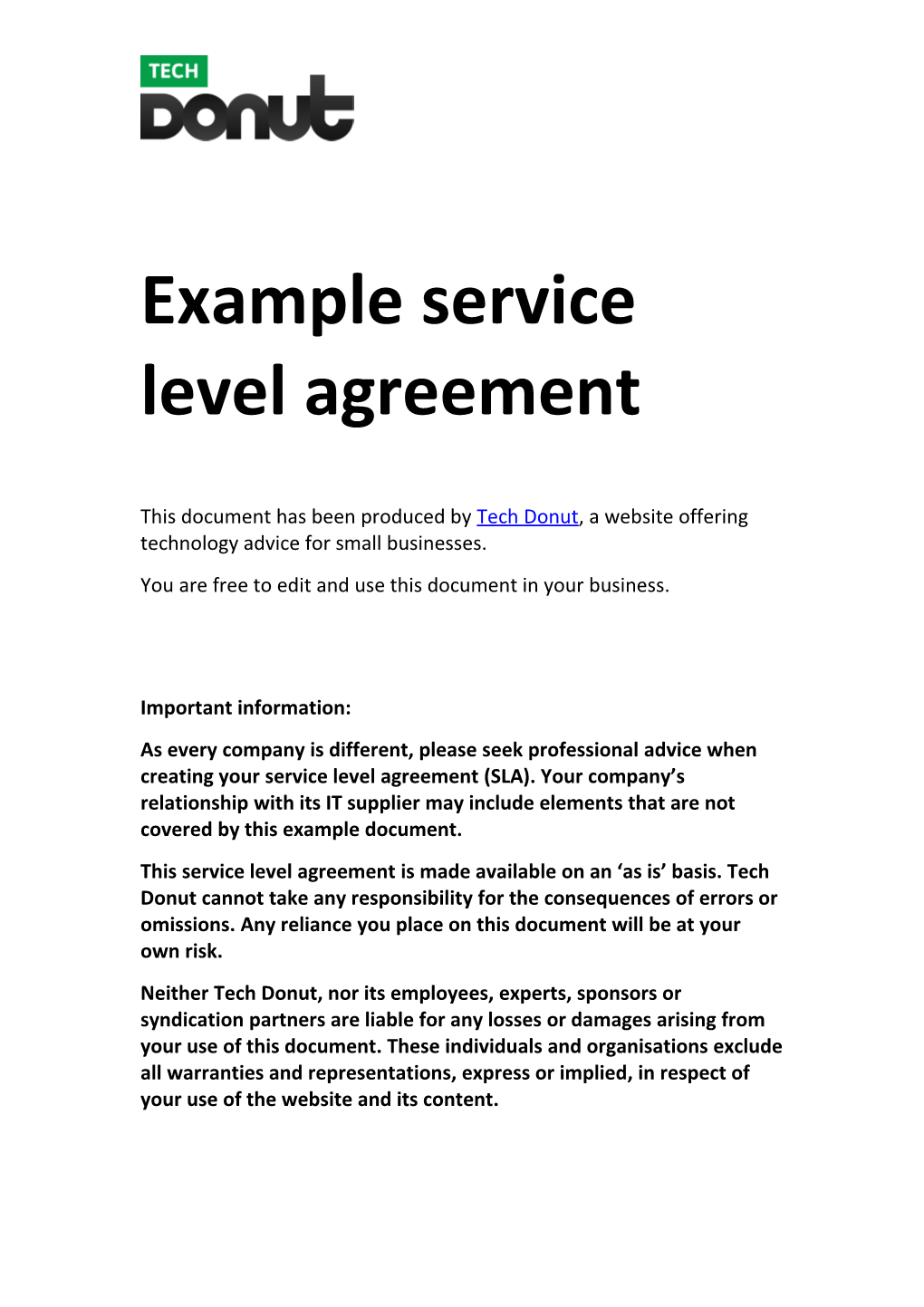 Example Service Level Agreement