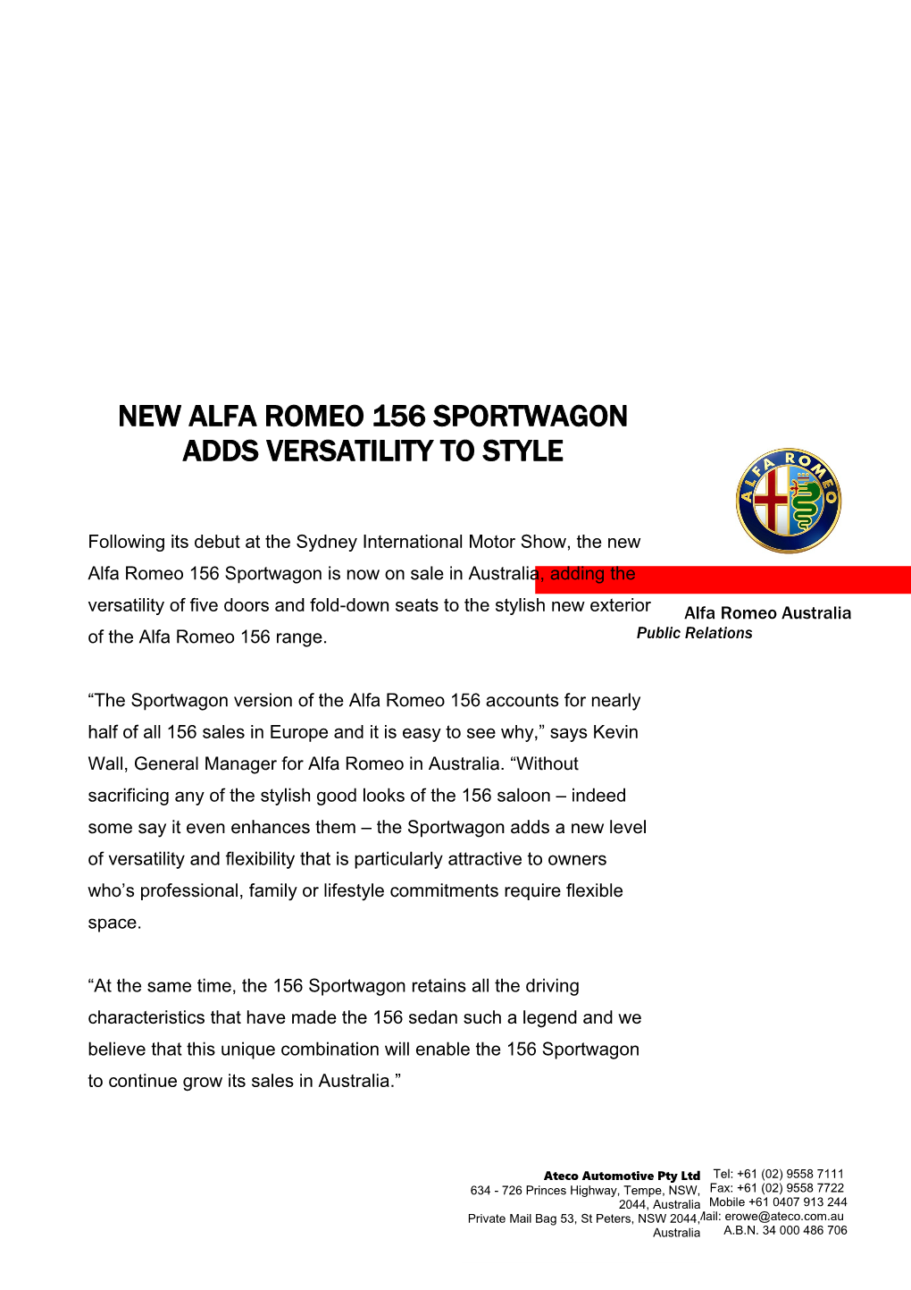 New Alfa Romeo 156 Sportwagon Adds Versatility to Style
